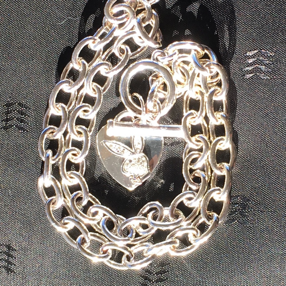 Playboy Unisex silver heart pave toggle necklace